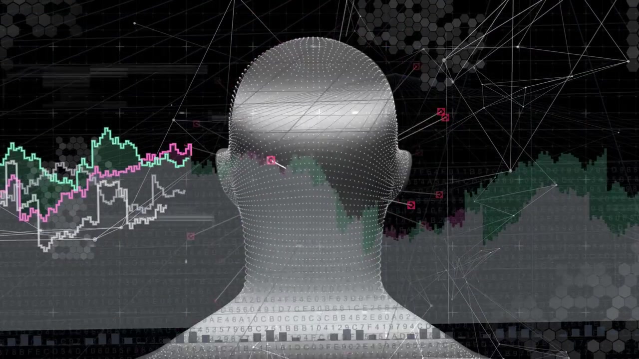 Scan pulse starting wire mesh head turning while data bands sliding, markers pulsing for analysis