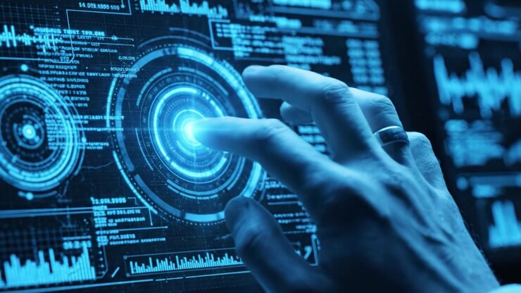 Digital Interface Interaction: A User Engaging with Futuristic Data Visualization Displaying Analytics and Metrics in a High-Tech Environment