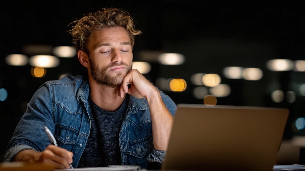 A contemplative young man engages in deep thought while working at his laptop, illuminated by ambient lights in a tranquil office setting late at night