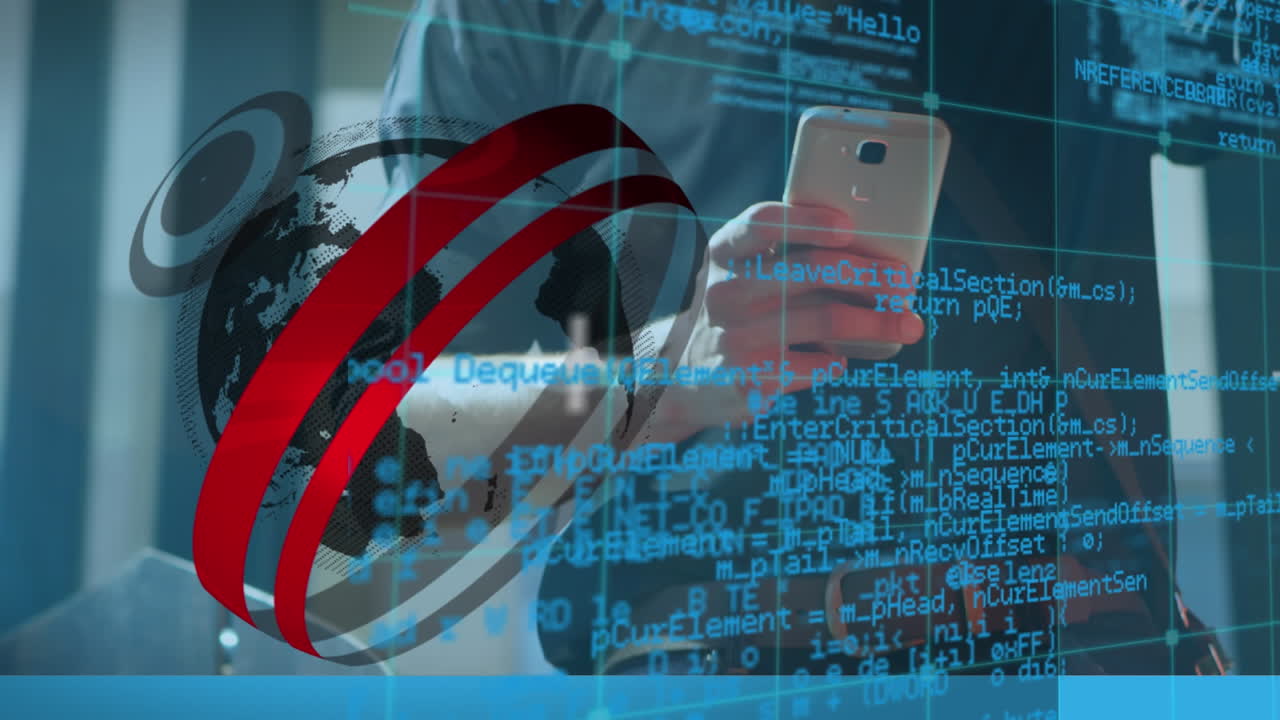 스마트폰을 사용하는 사업가에 대한 지구의 애니메이션과 데이터 처리