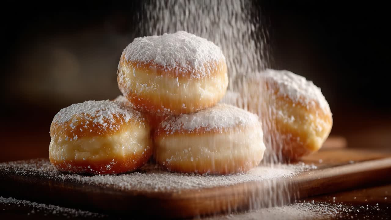 Köstlich süße und fluffige, mit Creme gefüllte Donuts, großzügig mit Puderzucker bestäubt, perfekt auf einem Holzbrett präsentiert für eine verlockende Leckerei.