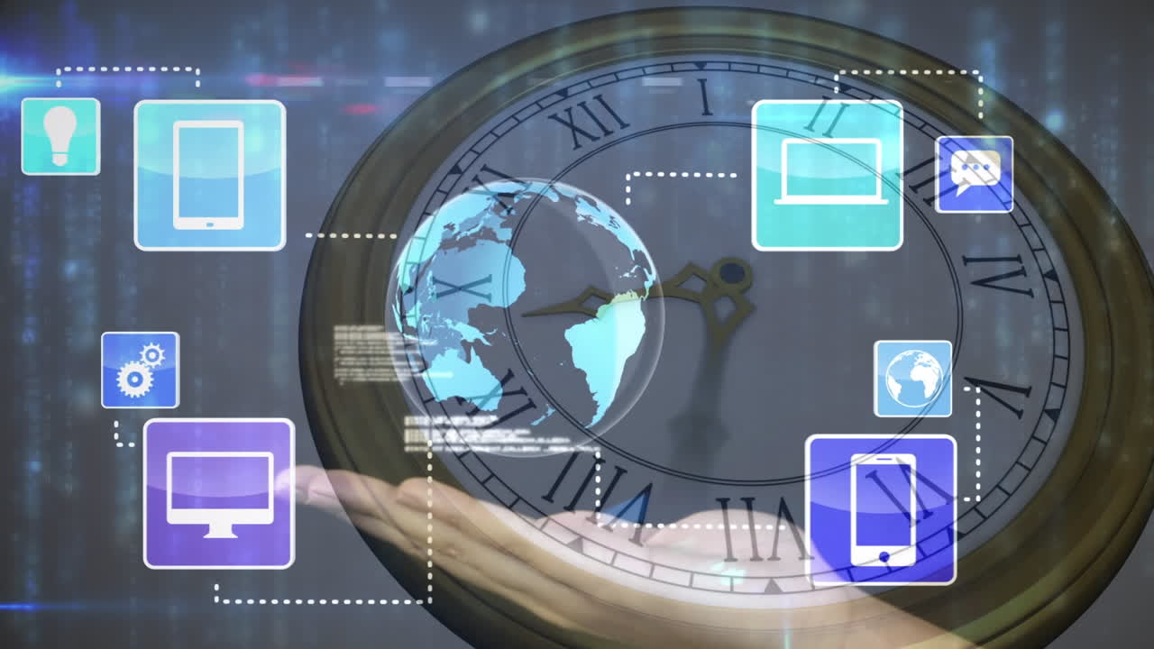 animación del procesamiento de datos, iconos y globo sobre la mano y el reloj moviéndose rápido