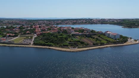 historic town of nin laguna aerial view with velebit mountain background, dalmatia region of croatia