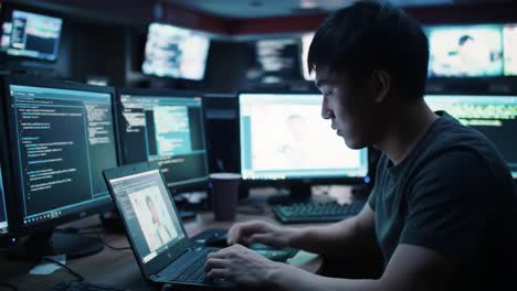 A Focused Individual Engaged in Programming and Digital Activities Amidst Multiple Computer Screens, Highlighting Modern Tech Environments and Cyber Engagements