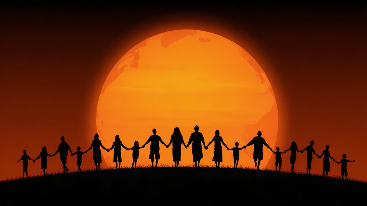 A Unity of Hope: Silhouetted Figures Joining Together Against a Striking Orange Sunset, Symbolizing Togetherness, Strength, and a Collective Future