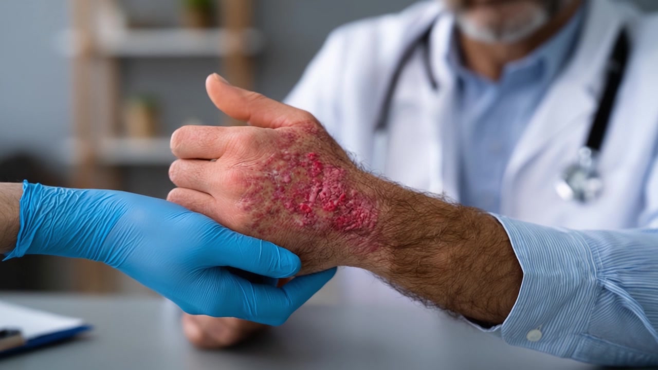 Un esame approfondito della psoriasi: Una consultazione medica che mostra una condizione della pelle sul braccio del paziente mentre il medico valuta i sintomi dermatologici in un contesto clinico.