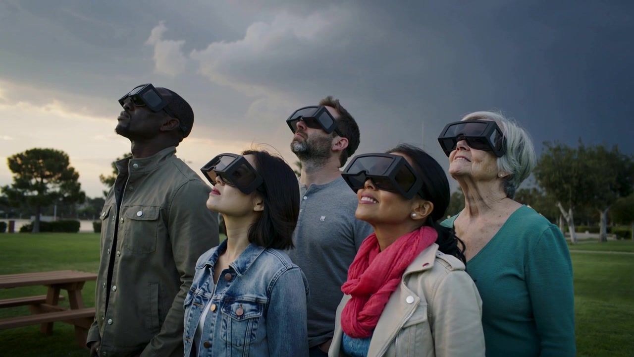 Group of five adults looking up at park as storm clouds gathering, wearing dark protective goggles
