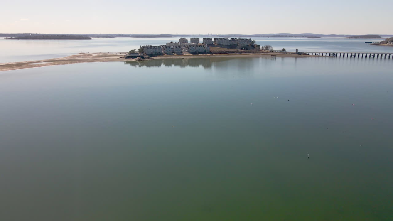 Drone footage approaching Spinnaker Island in Hull Bay,MA, Aerial forward motion