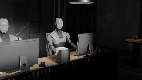 two humanoid robots working at office desks with computers and blue lamps in modern interior. artificial intelligence and automation technology concept.