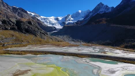 Aerial-shot-of-proglacial-area-with-glacier-and-moraine-in-the-background