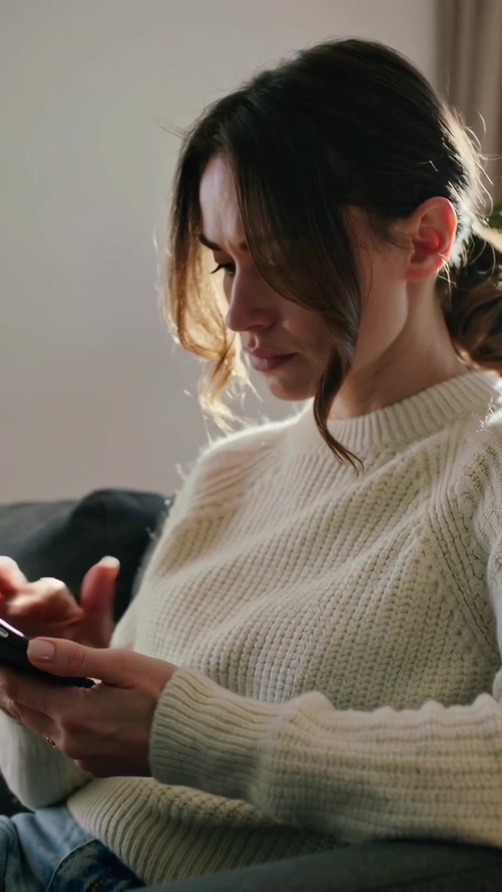 Vertikální video: Žena v krémovém svetru letmo pohlíží a ťuká do smartphonu na domácí pohovce, kontroluje zprávy.
