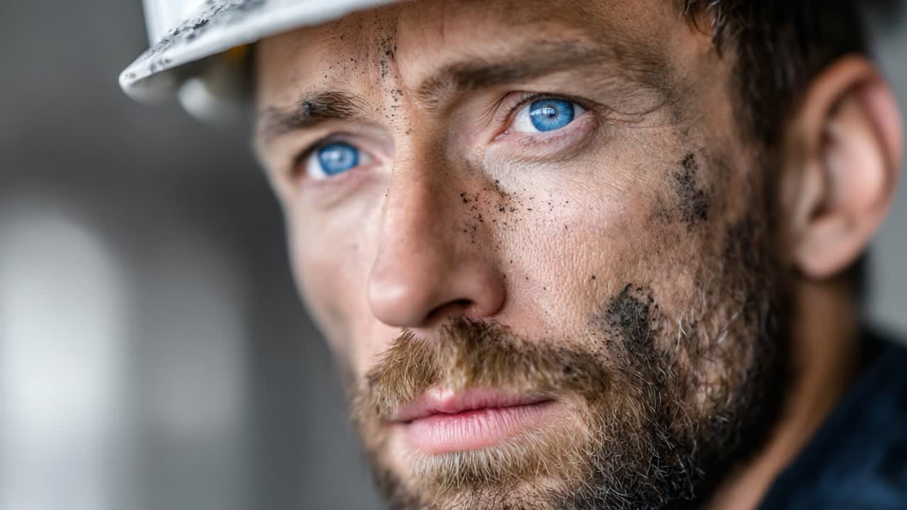 A Determined Construction Worker Stares Intently, His Face Marked with Dust and Grit, Representing Hard Work and Resilience in Challenging Conditions