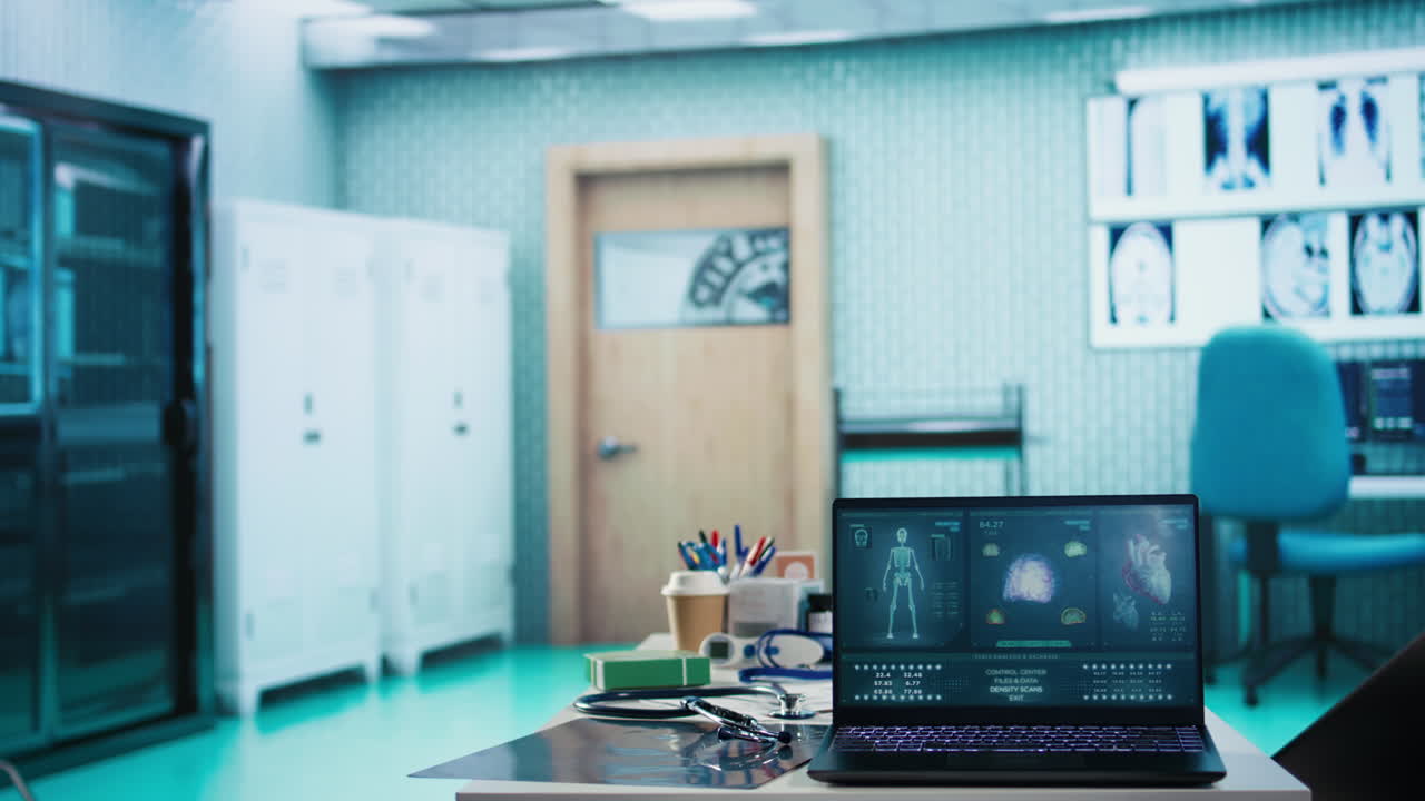 Doctor's office with laptop displaying medical scans