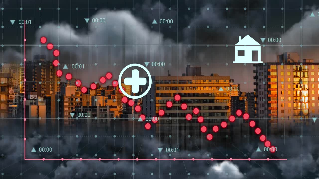 도시 풍경 위의 데이터 처리 애니메이션