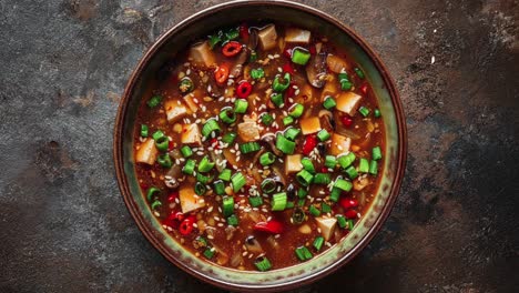 delicious tofu soup with mushrooms, green onions and sesame seeds