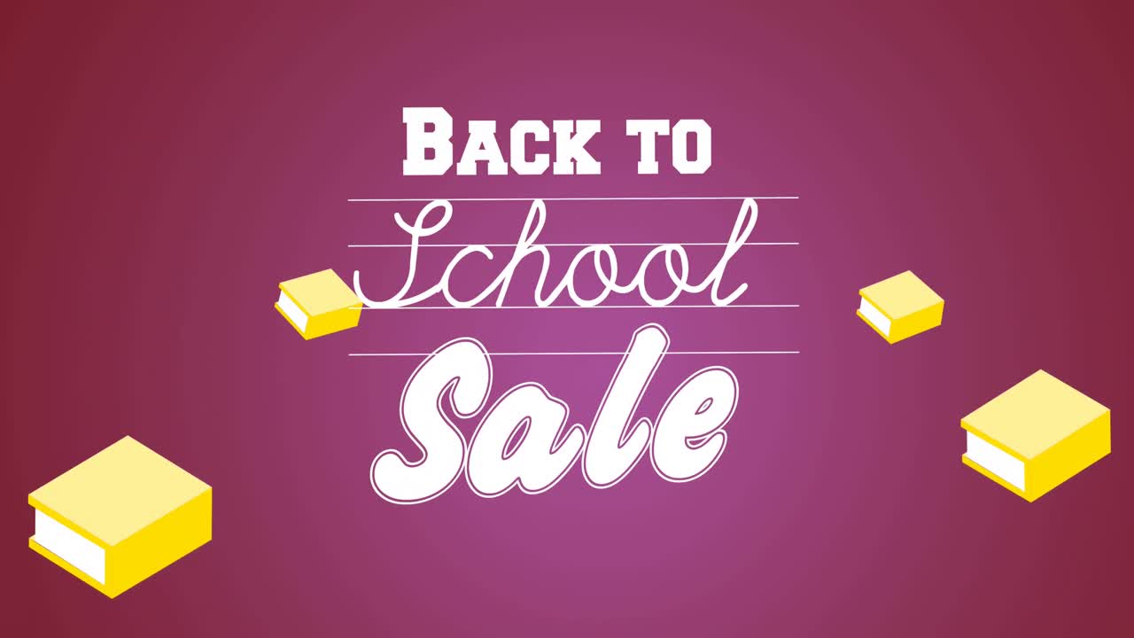 보라색 배경에 있는 학교 물건 아이콘 위에 있는 학교 판매 텍스트의 애니메이션