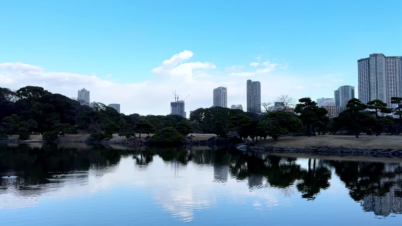 A tranquil pond reflecting skyscrapers in Hama Rikyu Gardens on a clear day