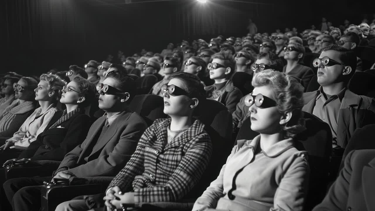 Black and white video still of an audience wearing 3D glasses in a theater