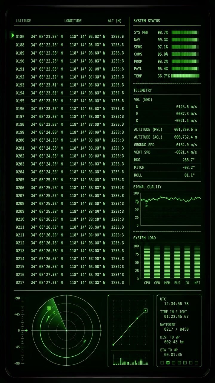 Dark interface view shows green text fields, charts, and circular graphics changing across frames with organized data displays, glowing screen details, and monitoring layout from front viewpoint.