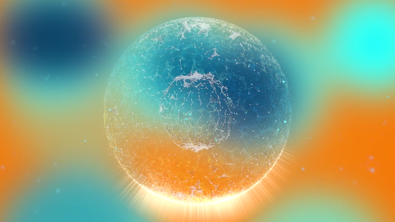 추상적인 다채로운 모션 배경은 색 보케 입자들 사이에서 회전하는 플렉서스 조명 구와 함께.