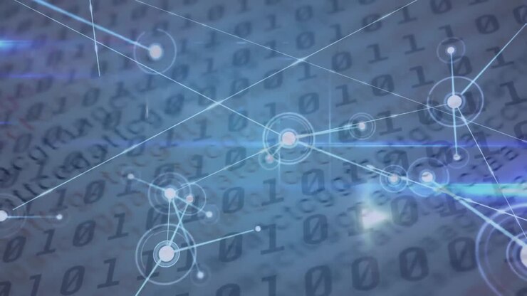 Animazione di una rete di connessioni con numeri che cambiano e codice binario