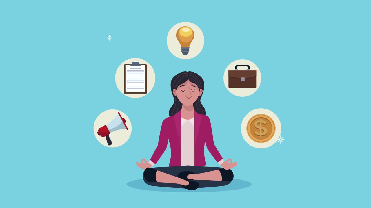 mujer de negocios practicando yoga con animación de íconos