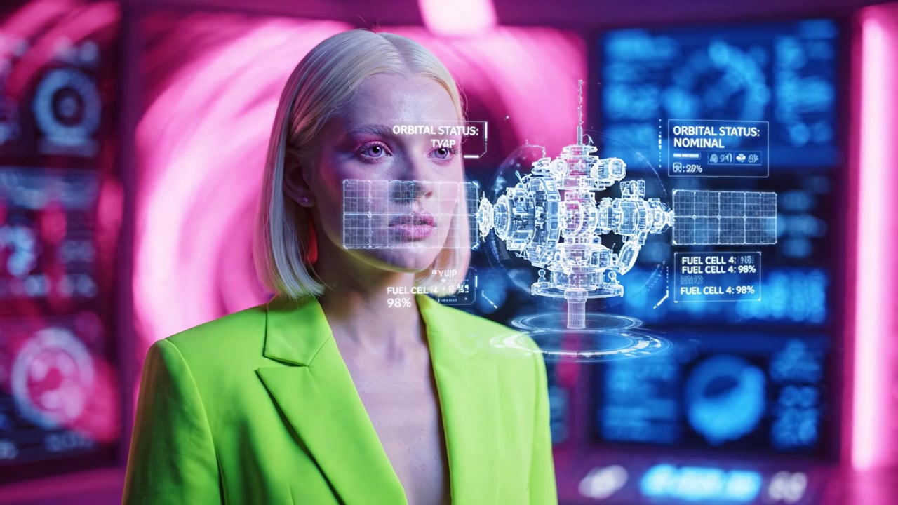 Futuristic Portrait of a Women in Neon Green Suit Surrounded by High-Tech Displays and Holographic Displays Emphasizing Advanced Technology and Modern Aesthetics