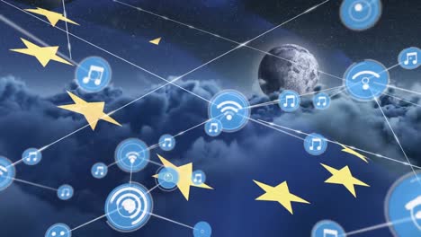 Animation-of-network-of-connections-of-icons-with-wi-fi-over-european-union-flag-and-clouds