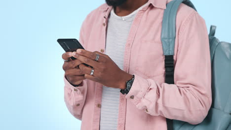 college student, hands and typing on a phone