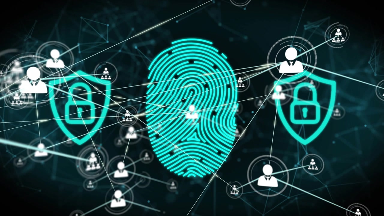 Fingerprint icon fading activating network lines converging user icons ensuring biometric security