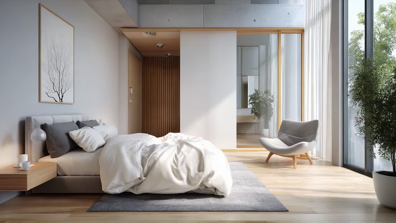 Camera da letto moderna e accogliente caratterizzata da elementi di design minimalista, biancheria da letto soffice, luce naturale, pavimenti in legno e mobili eleganti in un'atmosfera calma e invitante