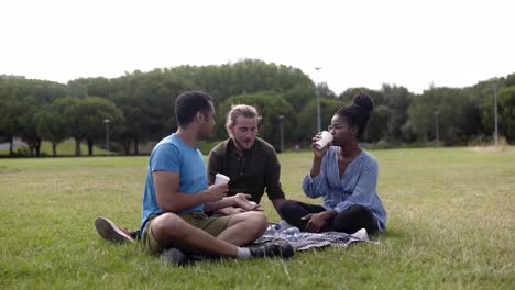 cheerful colleagues drinking coffee on lawn during coffee break