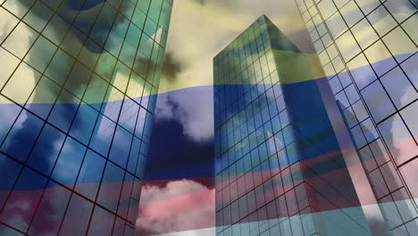 animación de la bandera ondeando de colombia y el procesamiento de datos financieros sobre el paisaje urbano
