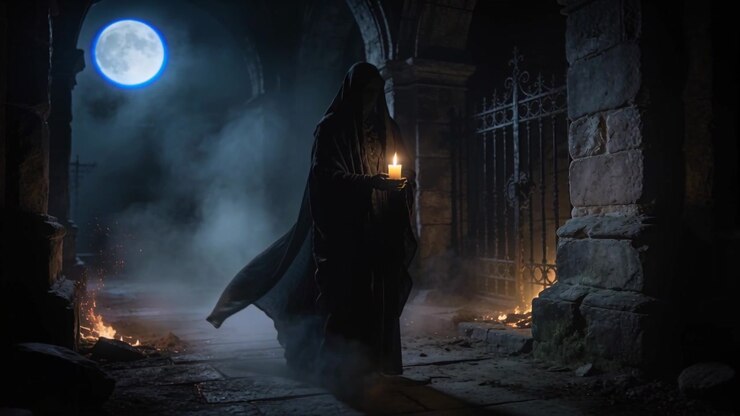 Walking cloaked figure responding to full moon, moving through stone archway, holding lit candle