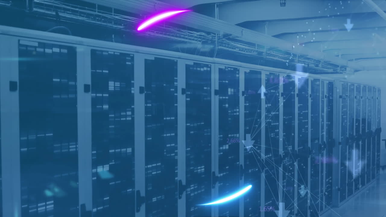Animation of circle and connected arrows over bars on data server racks in server room