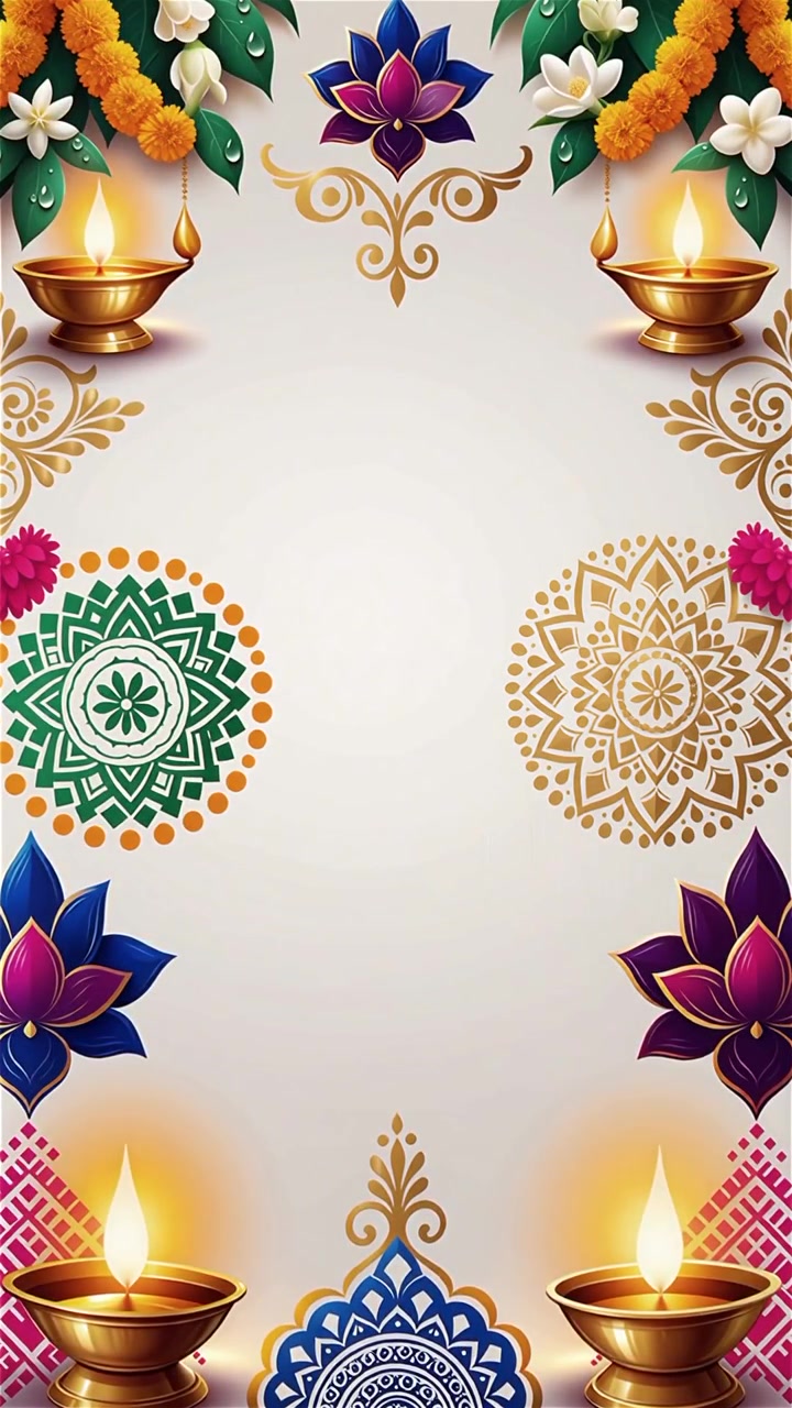Sfondo Diwali con Diyas luminosi, Rangoli e fiori di loto