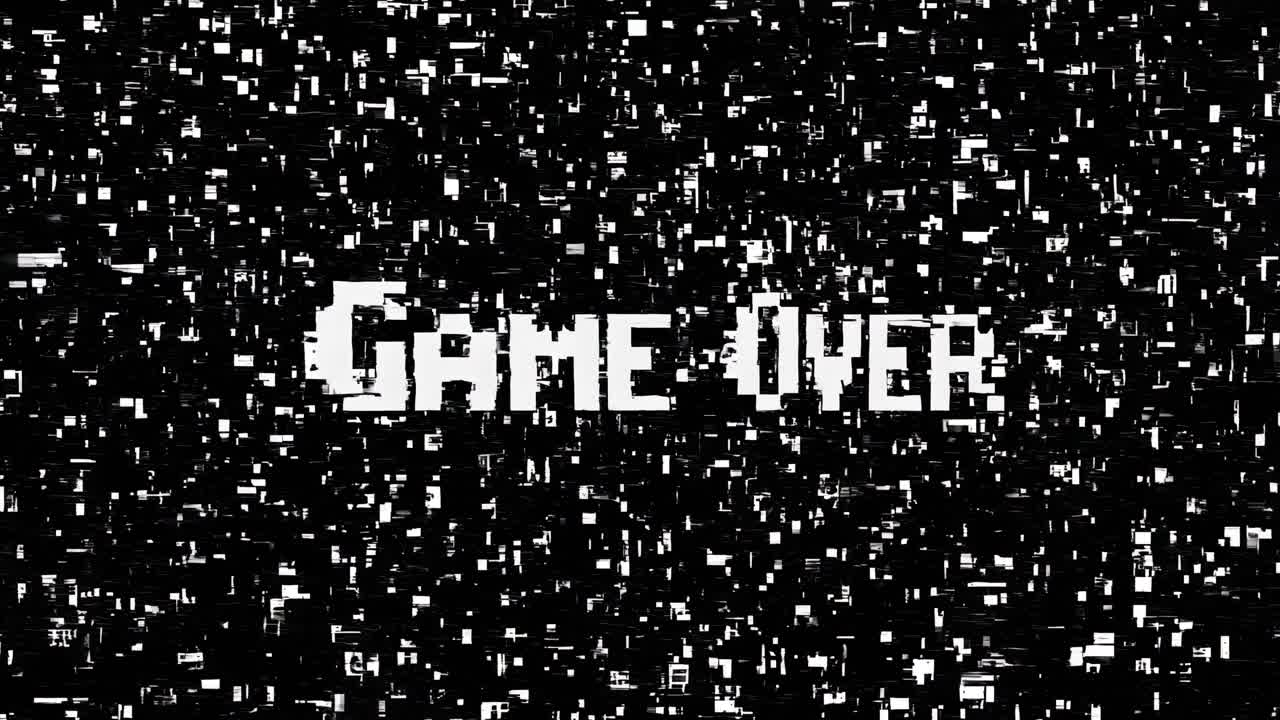 Retro video game over screen with pixelated text on a black background