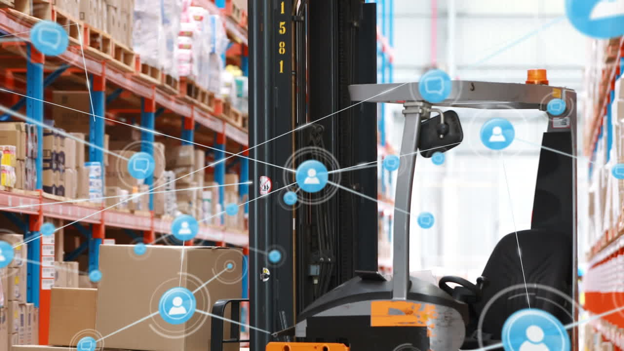 저장 창고에서 포크리프트 트럭 위에 있는 사람 아이콘의 네트워크 애니메이션