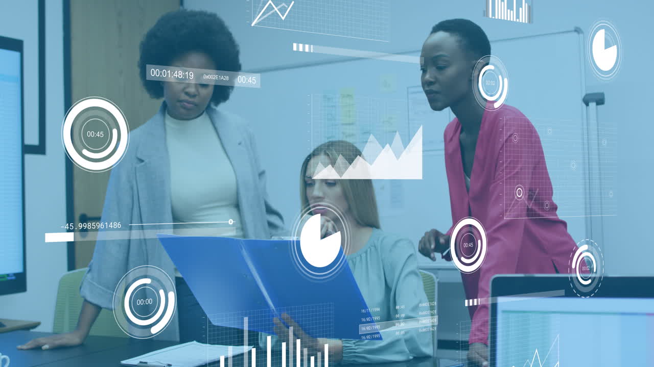 Animation of financial data processing over diverse business people working at office