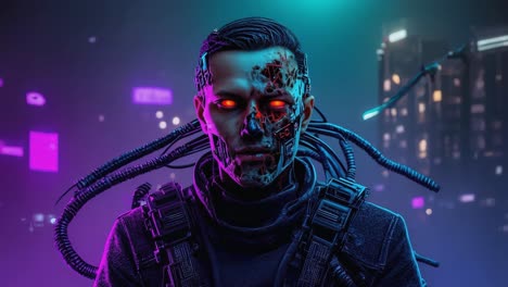 cybernetic man with glowing red eyes in a neon city