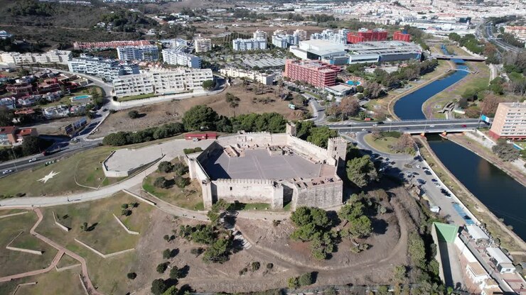 Aerial drone view Sohail Castle Fuengirola Spain, medieval Castillo de Sohail