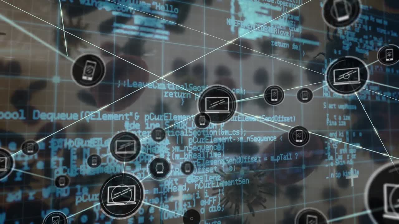 red de iconos digitales y procesamiento de datos contra células y vasos sanguíneos de covid-19