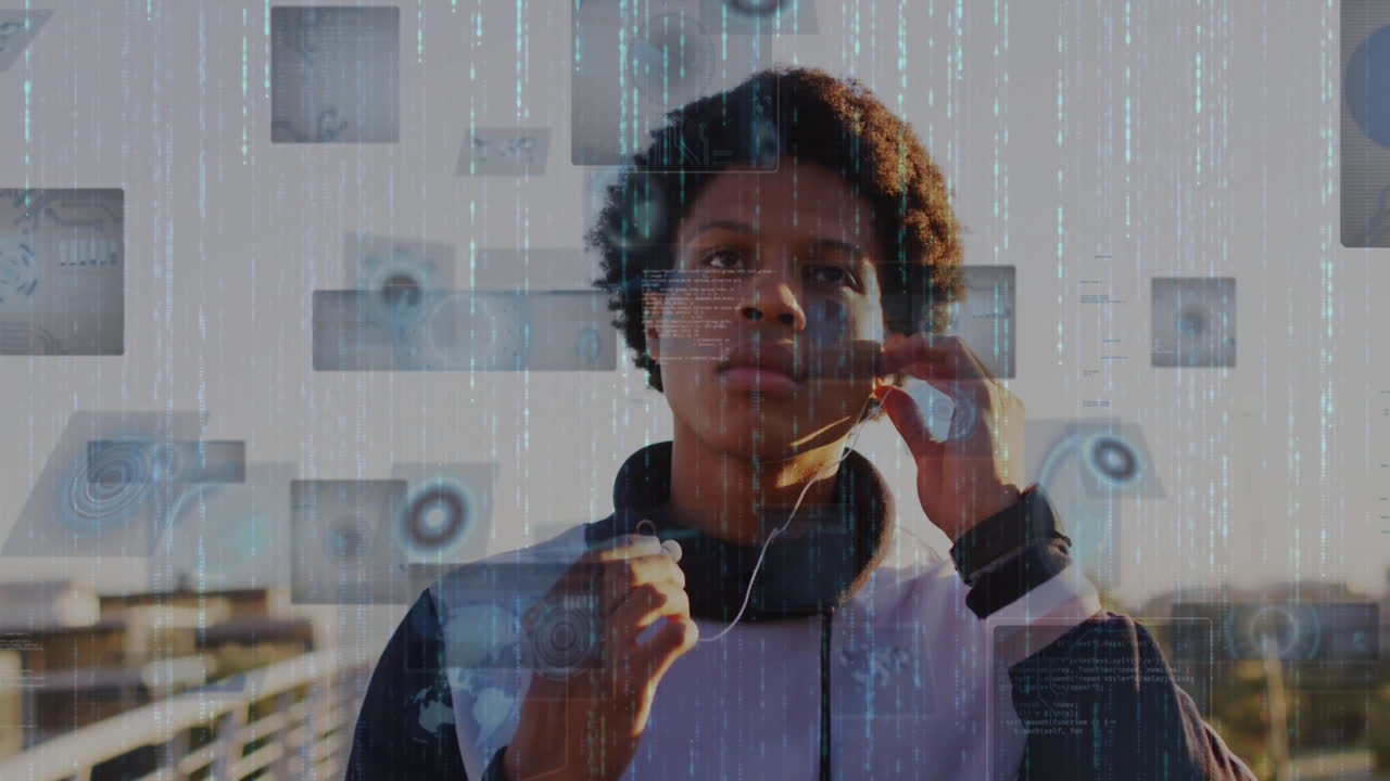 Adjusting earpiece, child interacting with digital animation overlay in school setting