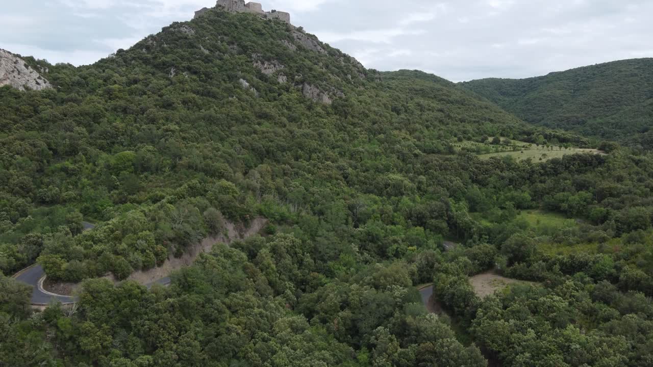 Aerial reveal of the Termes cathar castle in France