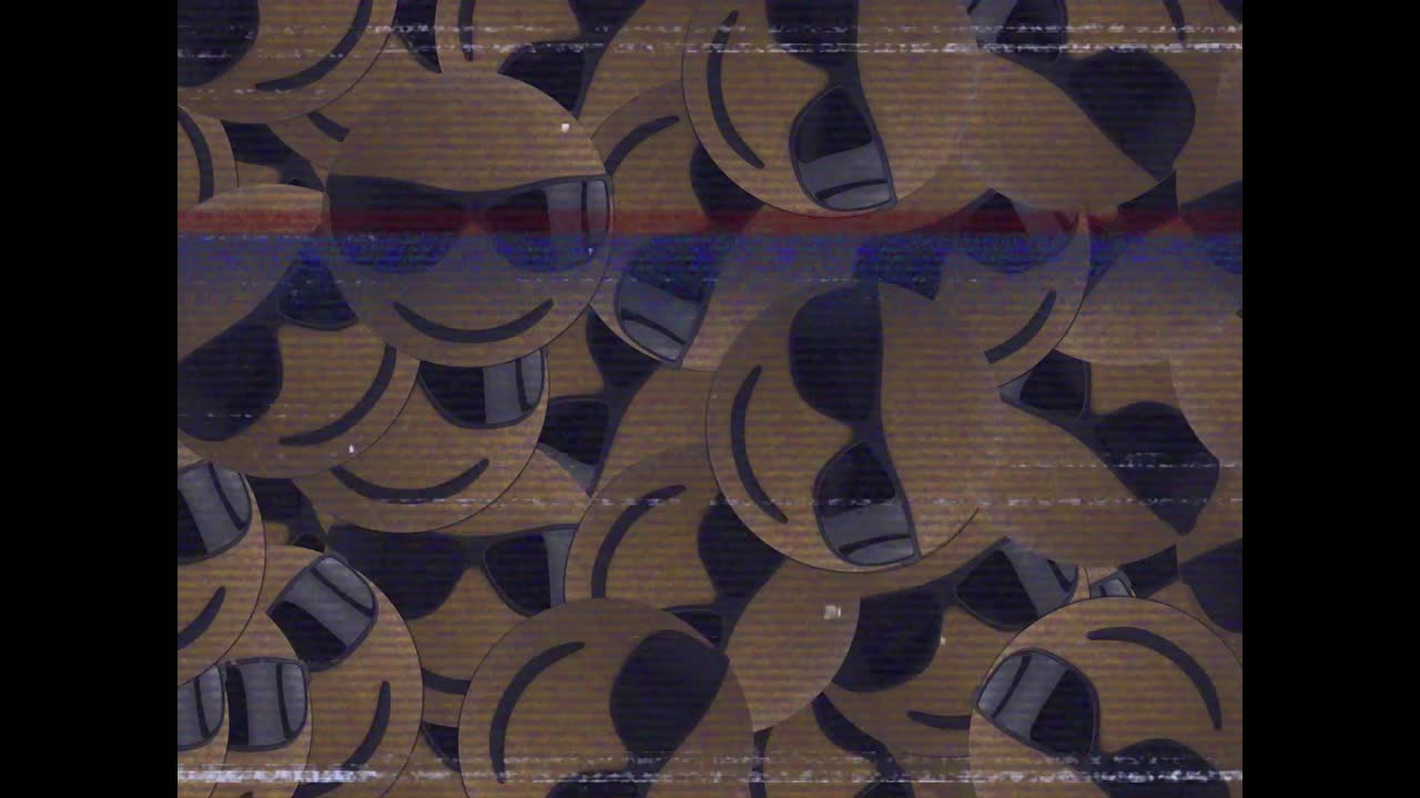 Vhs glitch effect over multiple face wearing sunglasses emojis on black background