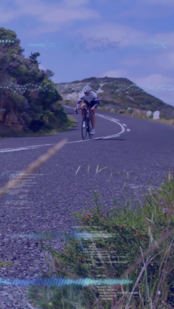Vertical video: Female rider crest drop, tracking line with sports HUD showing speed for training