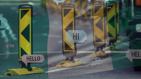 animation of flag of nigeria blowing over road signs and online chat in speech bubbles