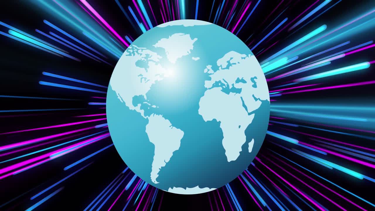 분홍색과 파란색 네온 빛 흔적 위에서 회전하는 지구의 애니메이션