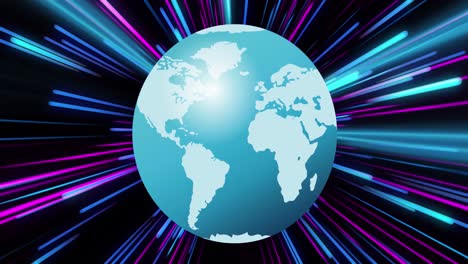 animación del globo girando sobre rastros de luz de neón rosa y azul