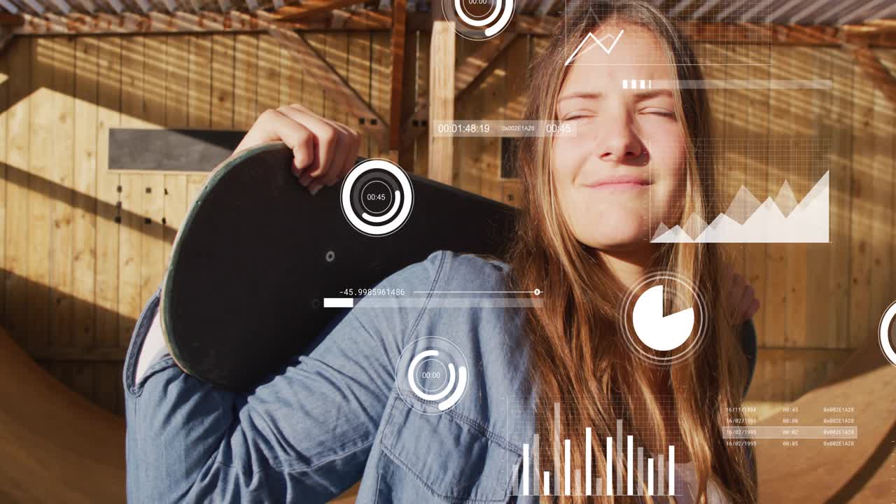 Pemain skateboard mengalihkan pandangan ke atas saat overlay data memudar masuk, menyoroti metrik teknologi